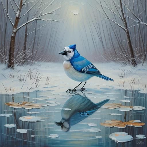 Romantic Blue Jay Portrait in Winter Snow Forest