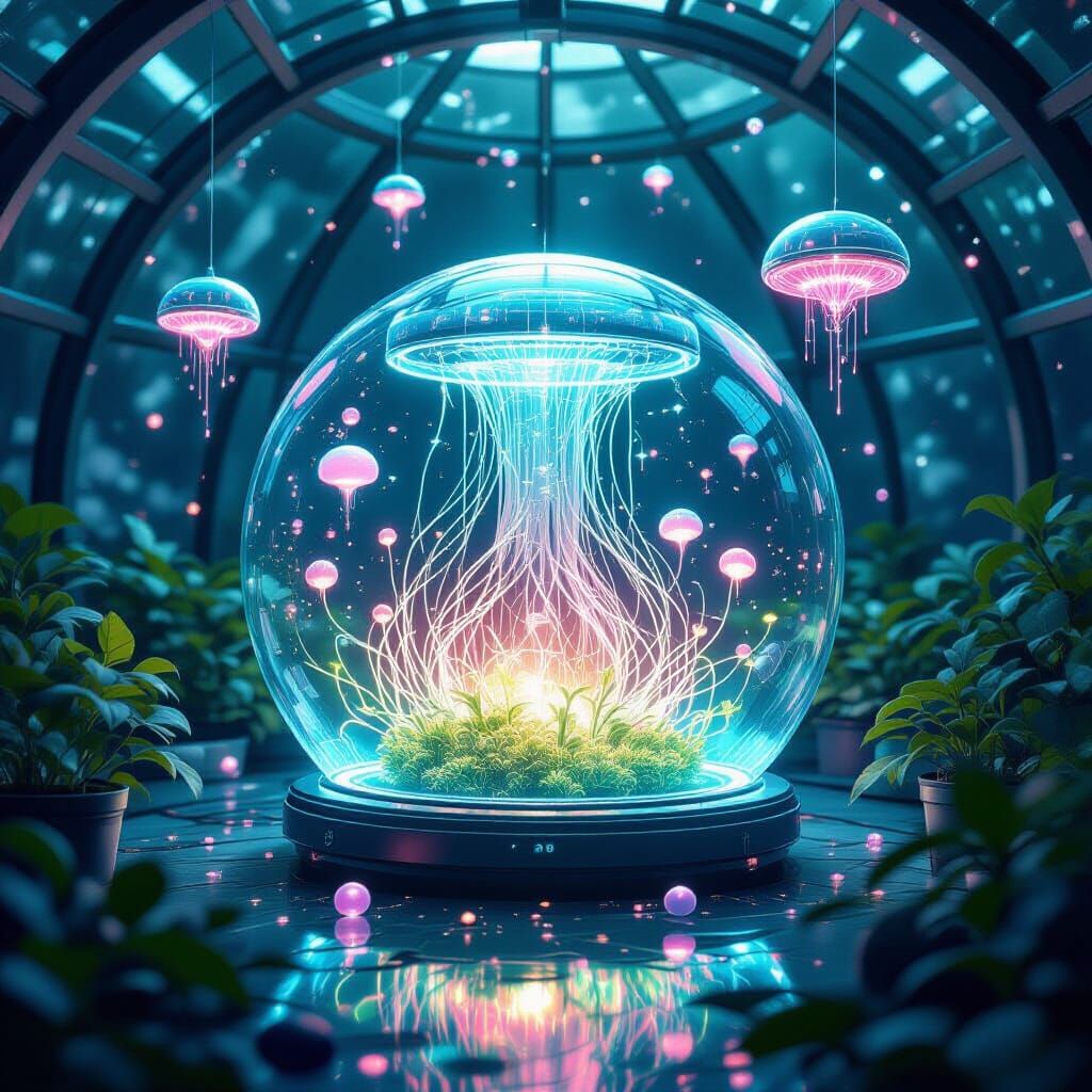 Bioluminescent Martian Bloom Core in Greenhouse Digital Pain...