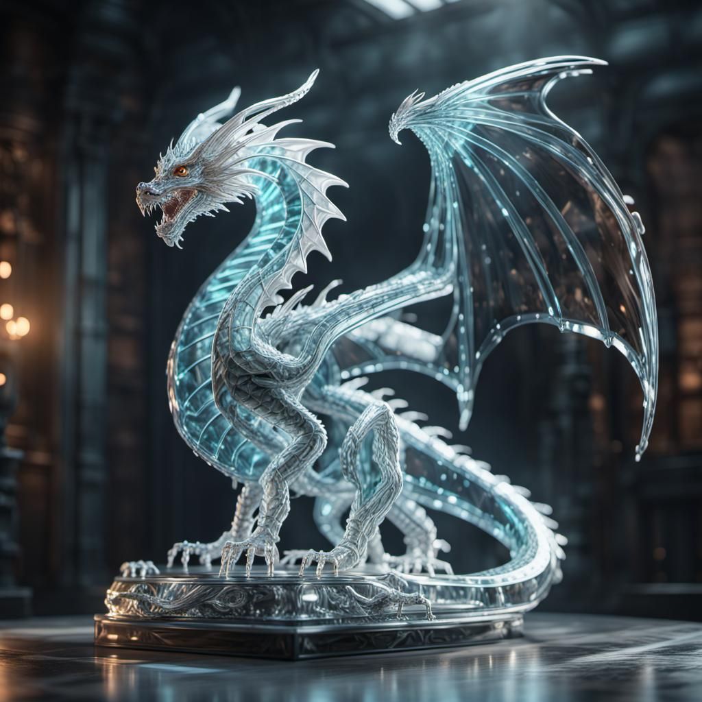 statue of a glass dragon with open wings .