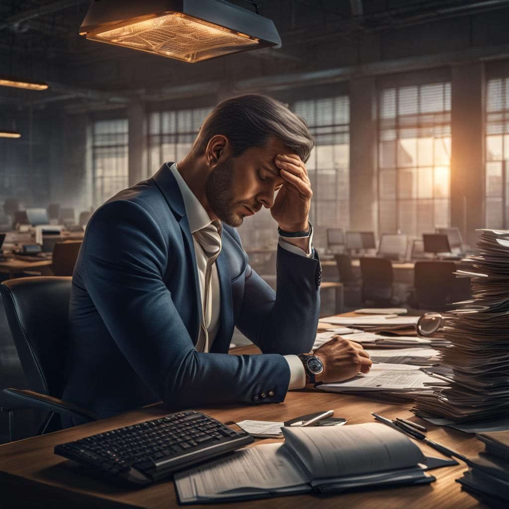Frustrated Man at Desk in Detailed Digital Art