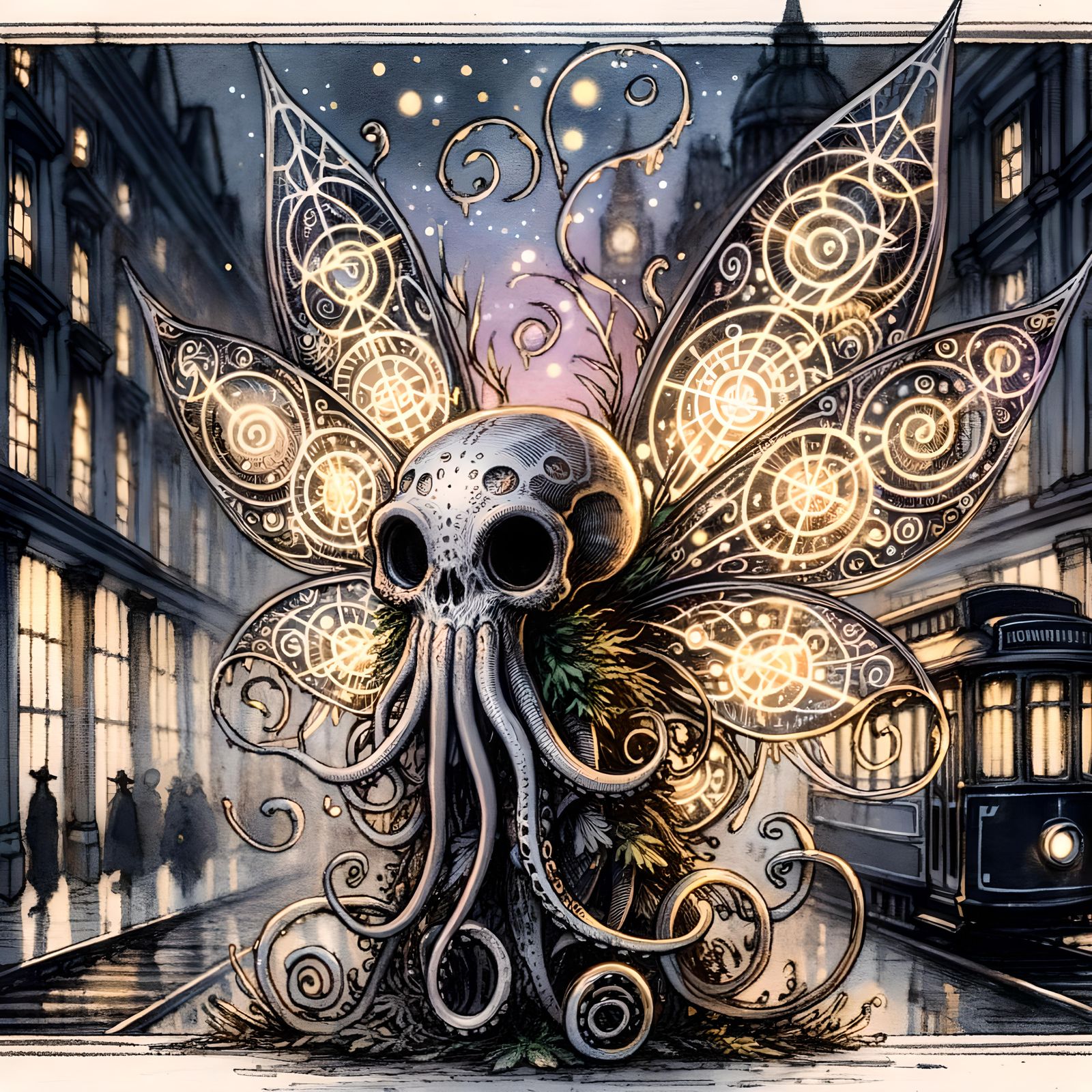 Eldritch Dark Fairy in Watercolor Style