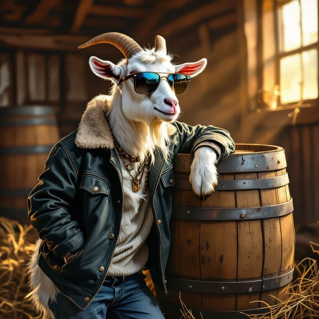 Hipster Goat Chilling in Barn, Whimsical Art
