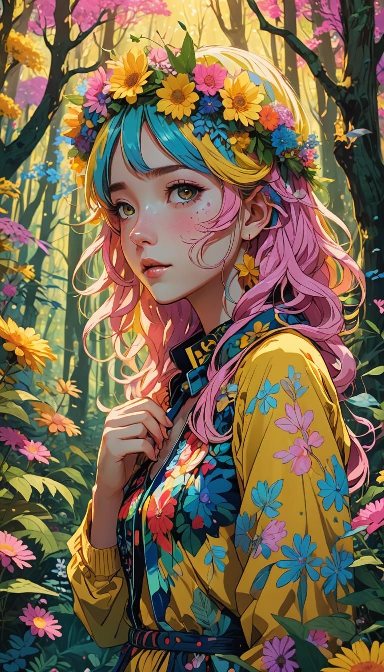 Anime Girl Eating Flower in Psychedelic Forest