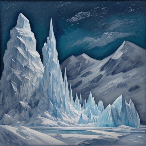 Magical icy mountains ICE SCULPTURES, impasto, muted palette, BLIZZARD, Expressionism, John Constable, Paul Cézanne