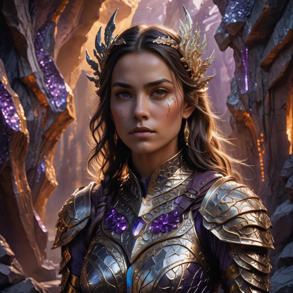 Regal Warrior Woman in Crystal Cave, 3D Fantasy Art