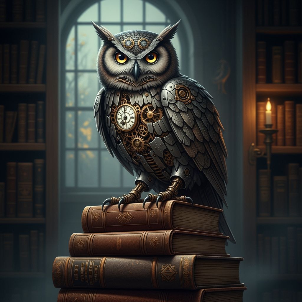 Majestic Clockwork Owl Perched on Books in Steampunk Style