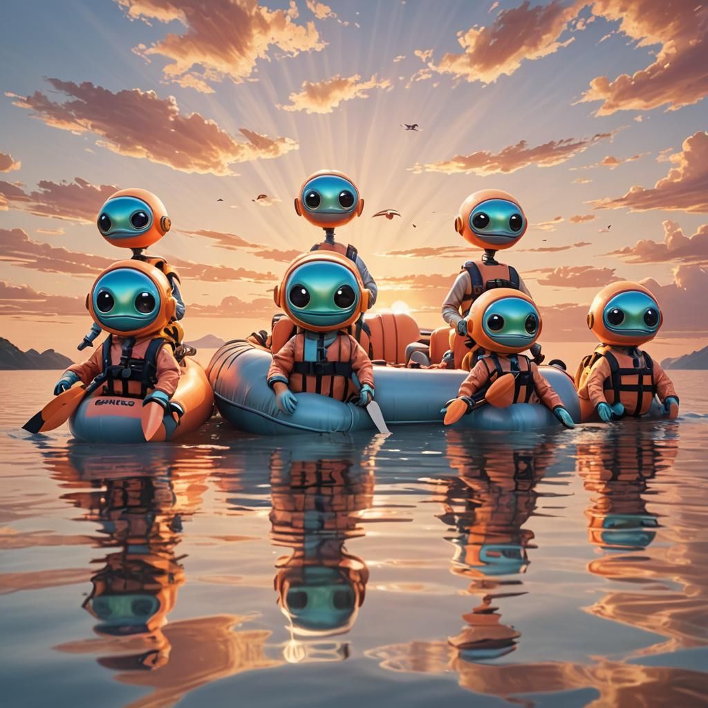 Iridescent Aliens Drifting at Sunset: Photorealistic Style