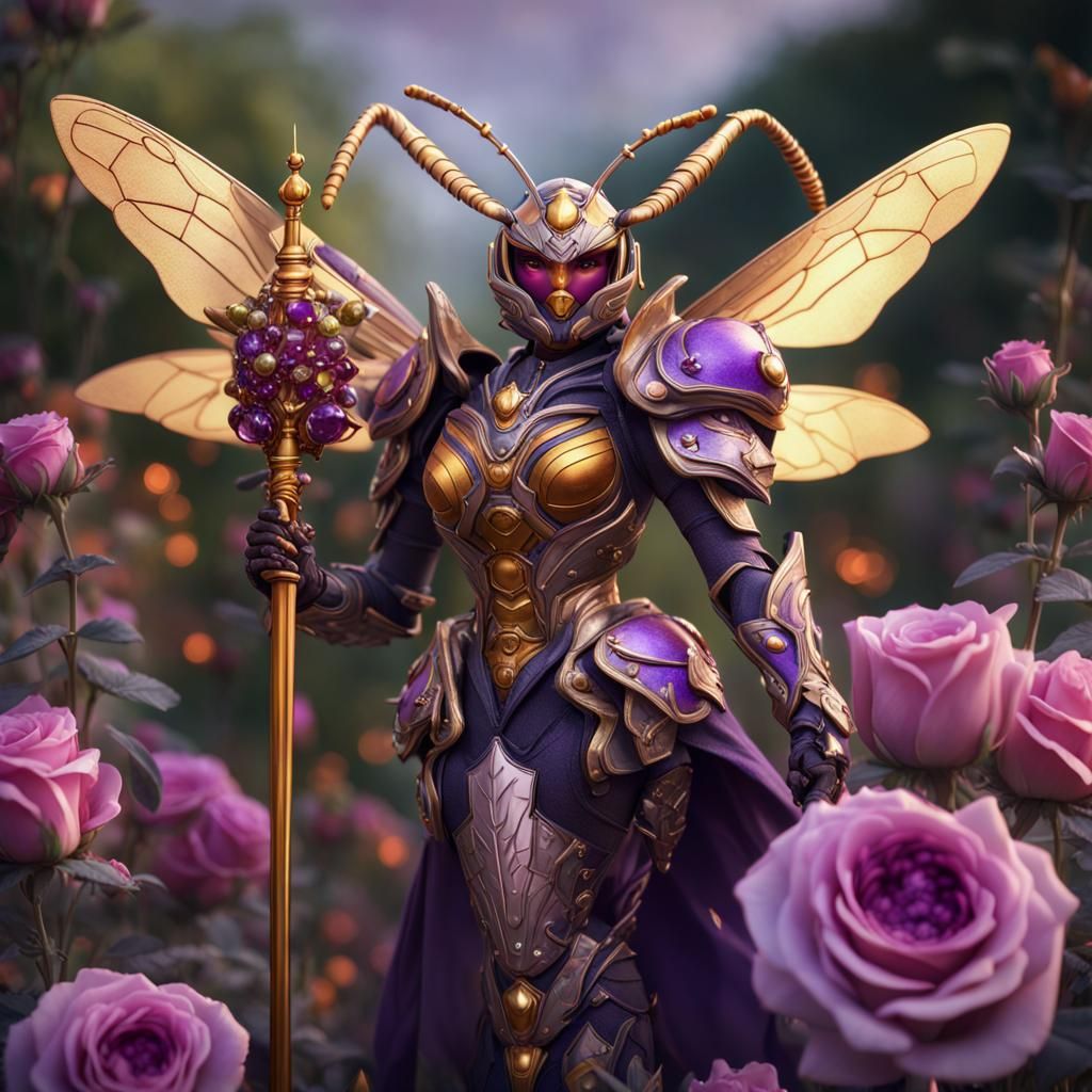 Humanoid Asian Hornet Queen in Purple Rose Garden