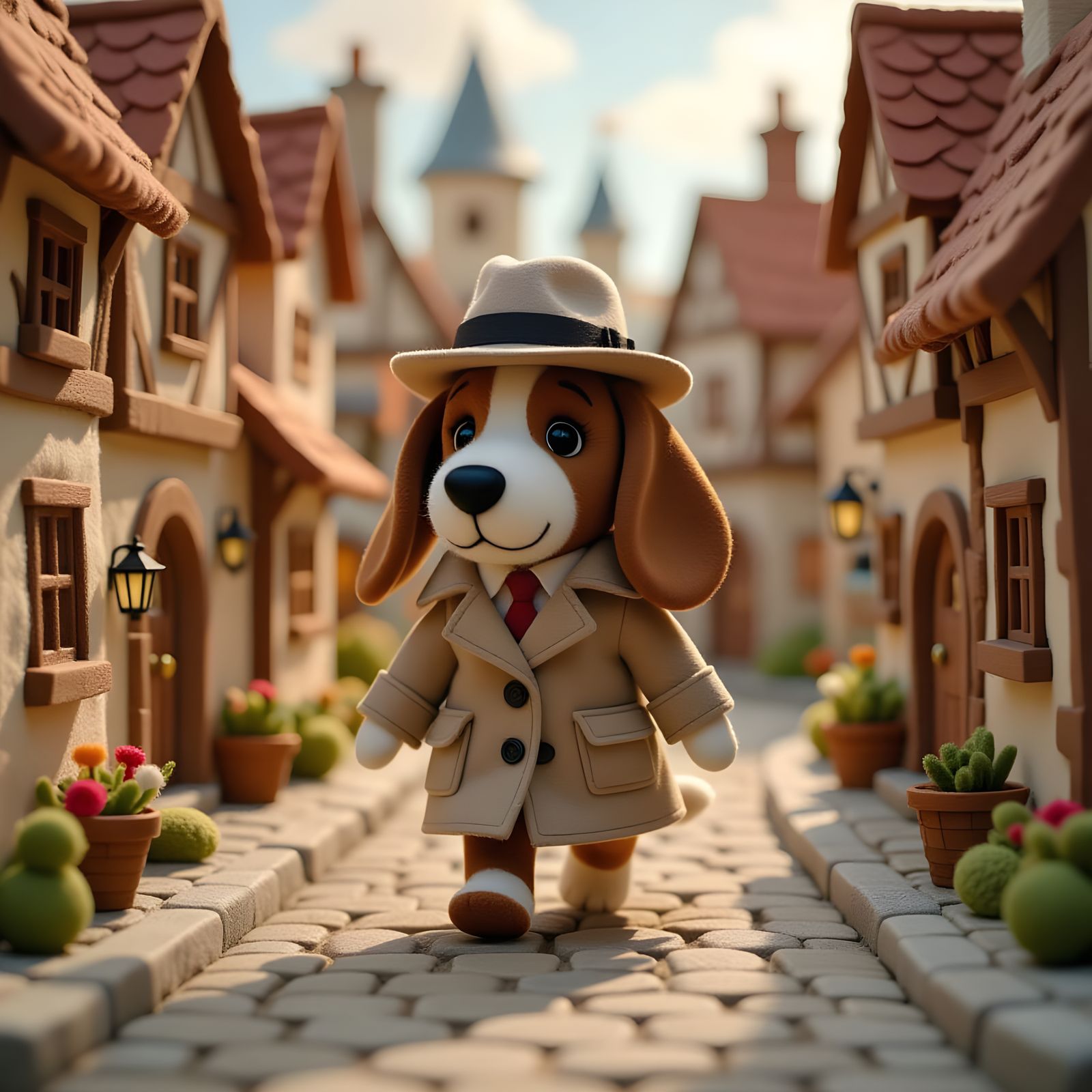 Felt Detective Basset Hound in Medieval City