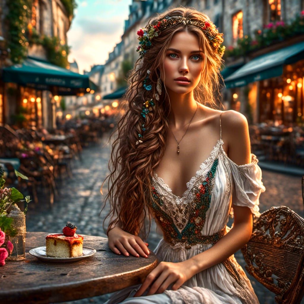 Beautiful Woman in Paris Cafe, Hyper-Realistic Style