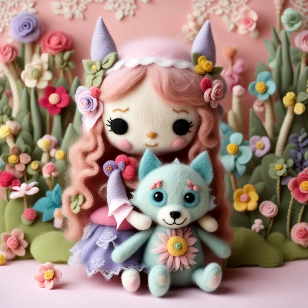 Felt Princess Hugs Werewolf in Flower Forest