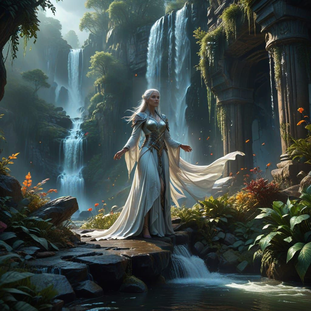 Dragonborn Rogue Amidst Enchanted Waterfall Elegance
