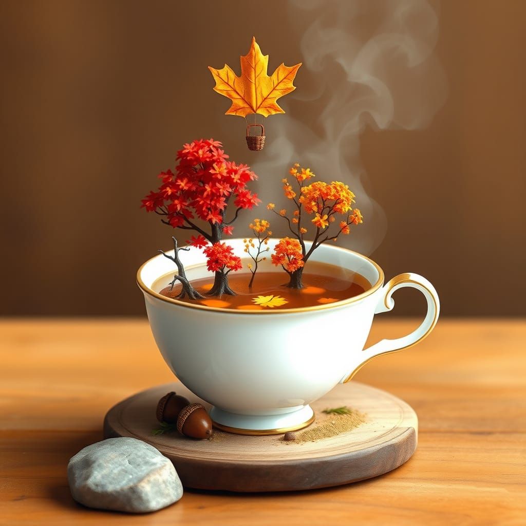 Autumn Forest in Teacup Diorama Illustration