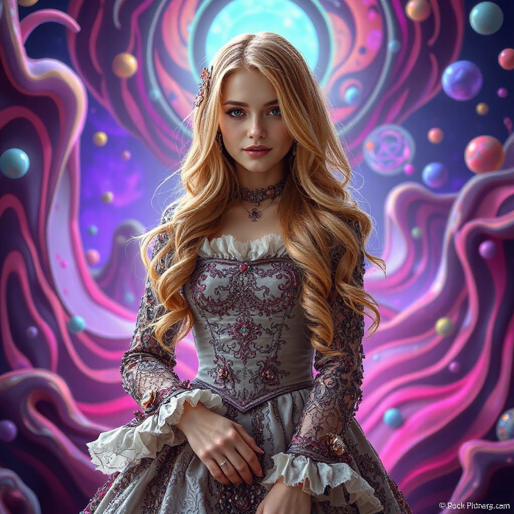 Woman in Victorian Dress in Psychedelic Landscape