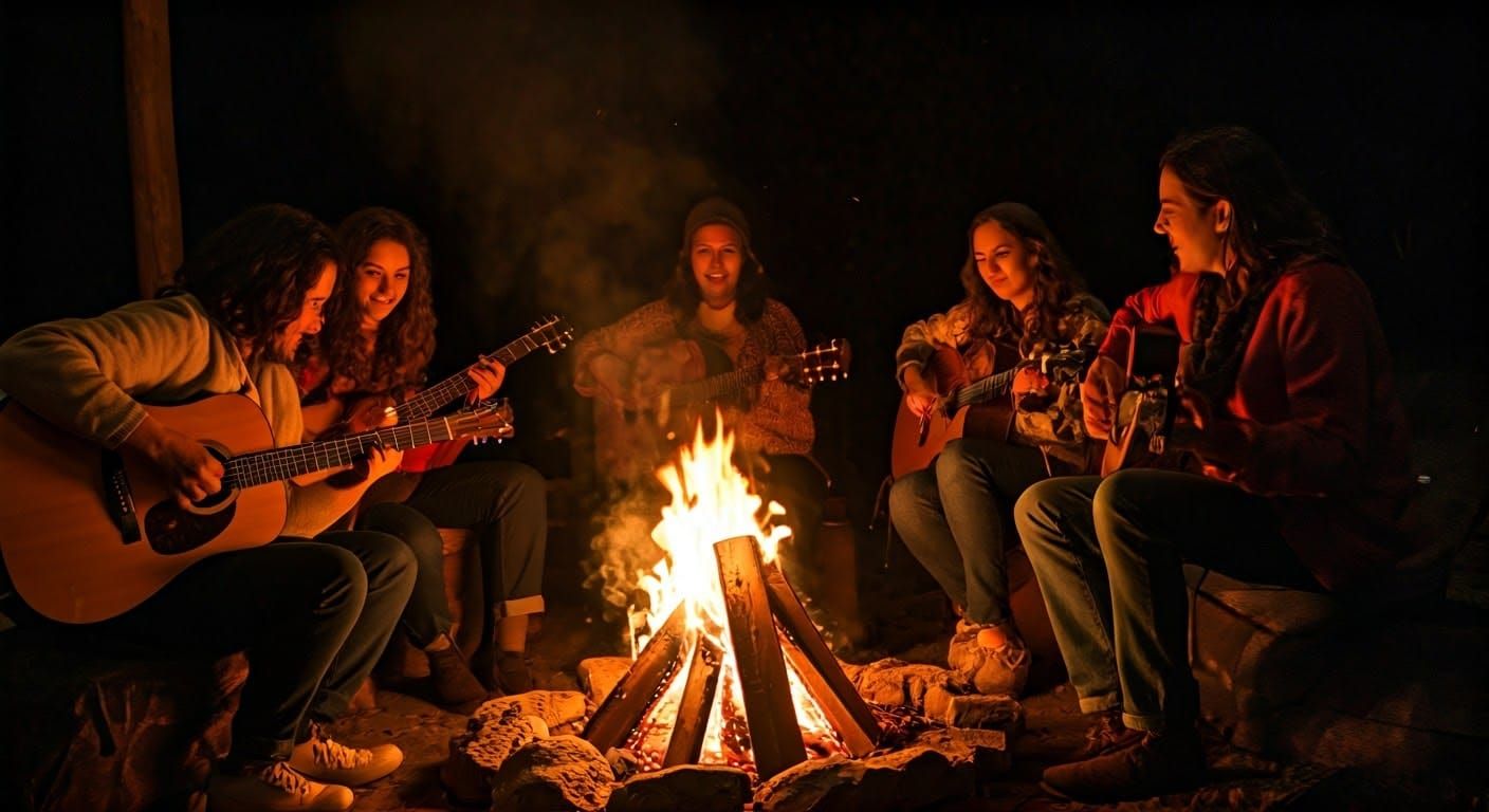 Cozy Campfire Scene with Diverse Group, Professional Photogr...