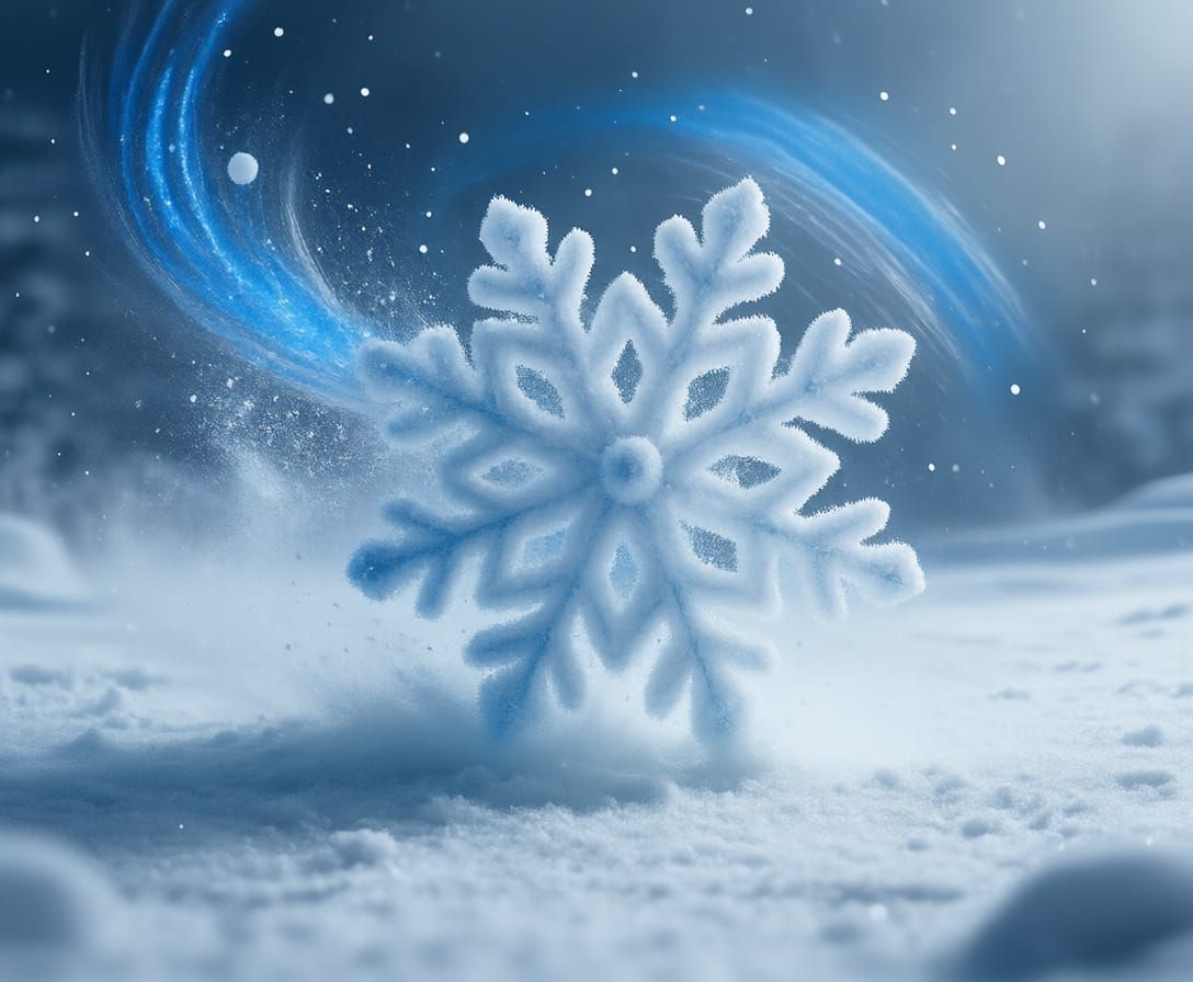 Giant Detailed Snowflake Rolls Down Icy Path