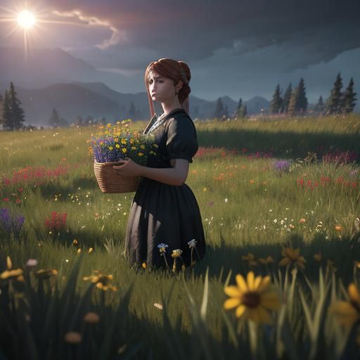 Girl in Sunset Meadow: 3D Game Cinematic Graphics