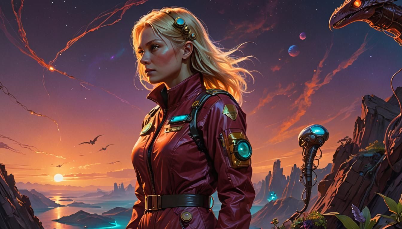 Steampunk Woman Gazing at Alien Landscape