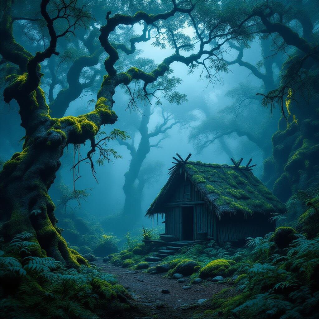 Misty Mountain Hut in Bioluminescent Forest