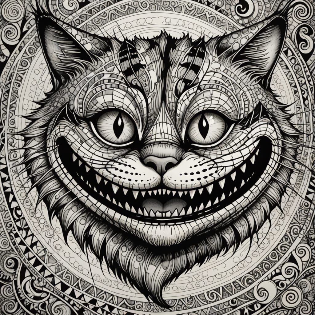 The Cheshire Cat's grin lingering in the air. Its face has faded away except for the grin. Zentangle
