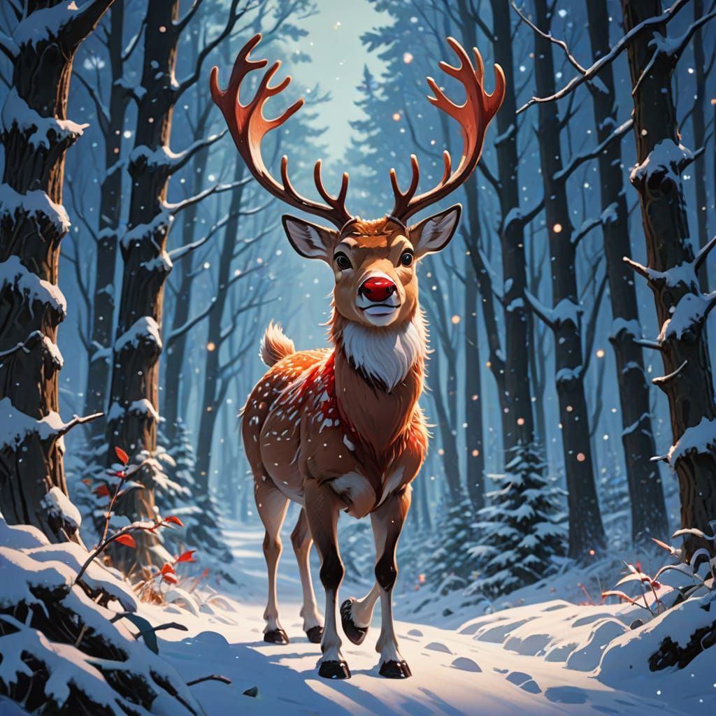 Anime Rudolph Trotting Through Snowy Forest