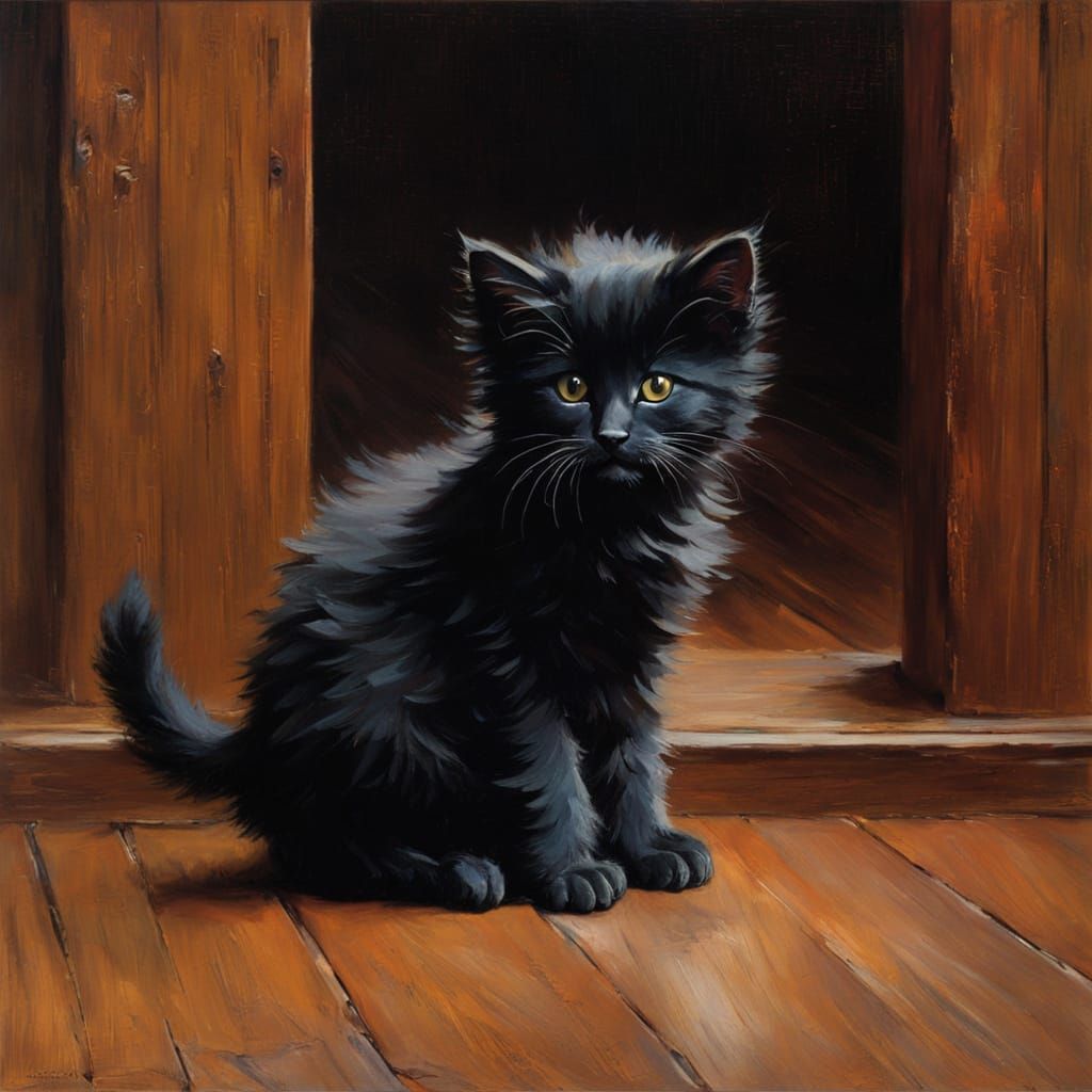 Vibrant Fluffy Kitten on Wooden Floor