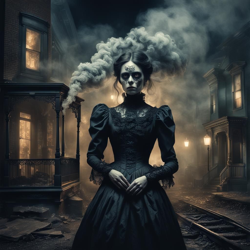 Ghostly Girl in Smoky Victorian Town at Night