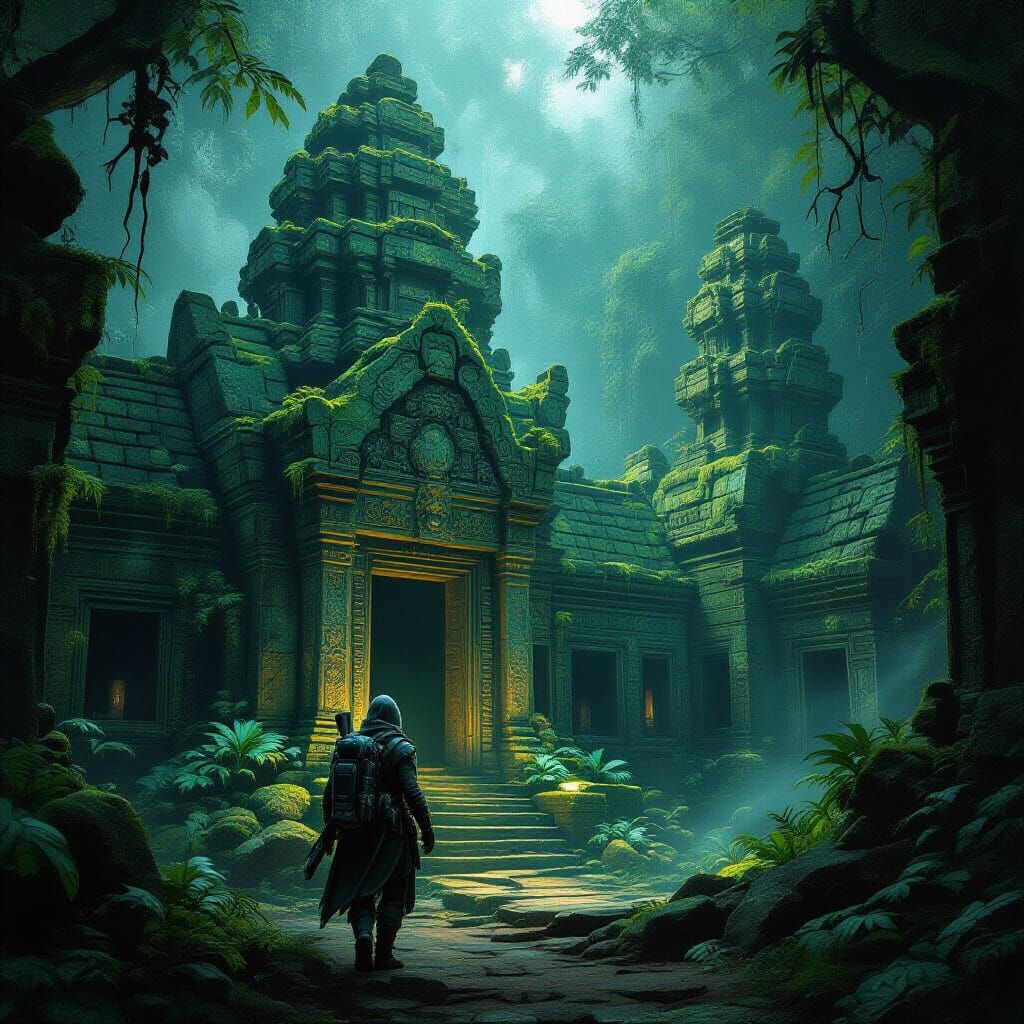 Ancient Alien Temple in Bioluminescent Jungle