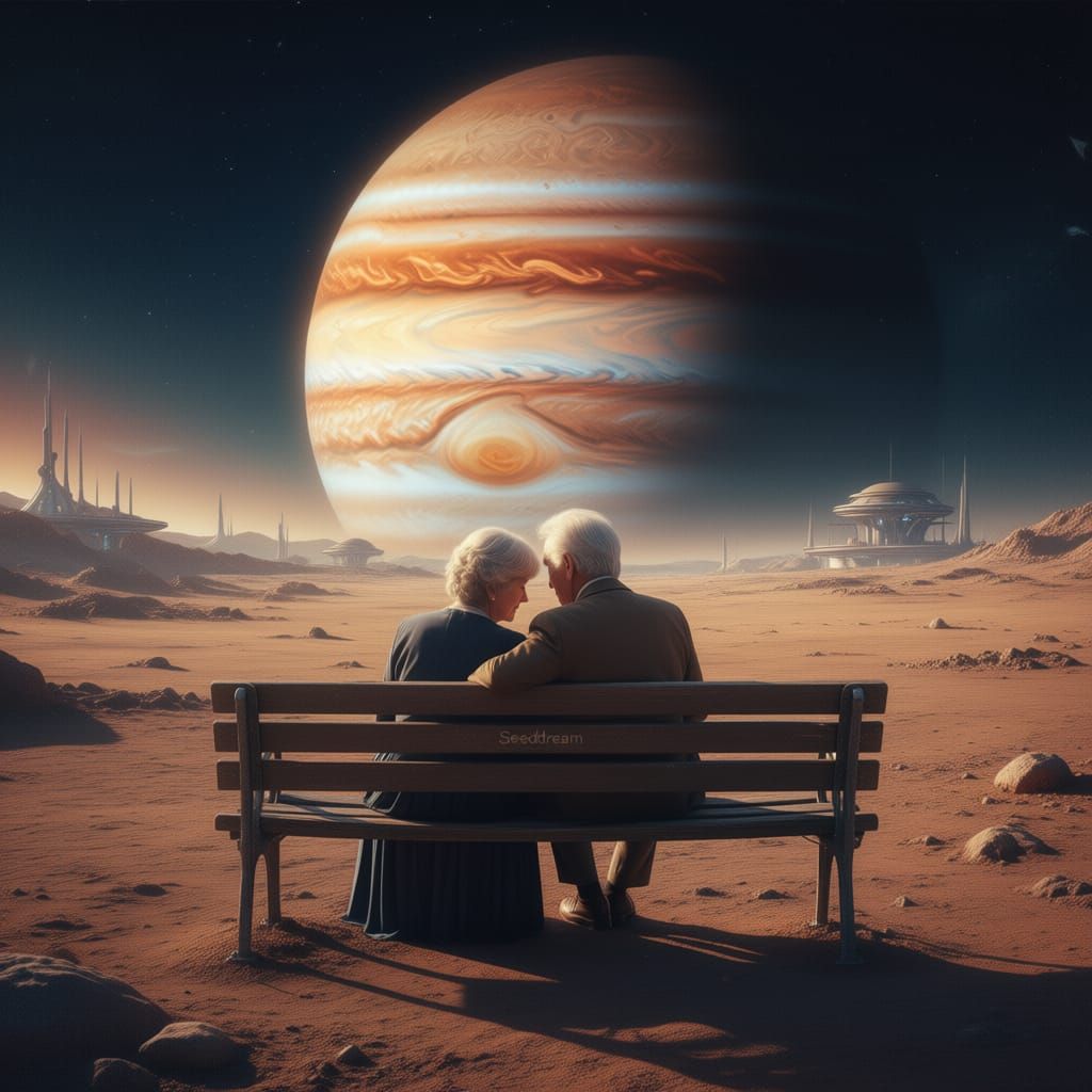Elderly Couple on Jovian Moon Colony, Jupiter Sky