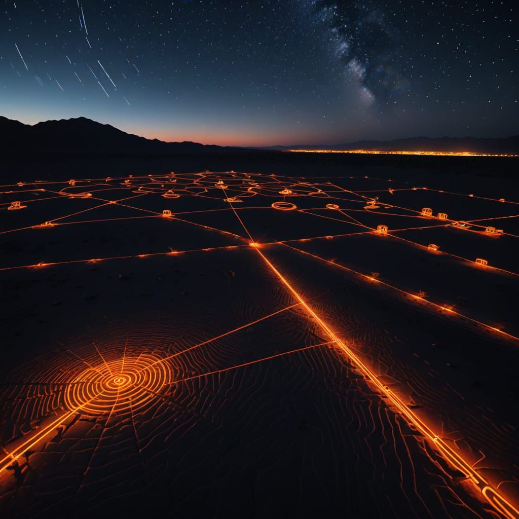 Neon nazca lines in  night desert scenery
