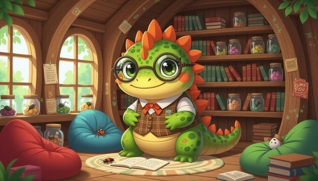 Scholarly Saurian in Treehouse Library, 2D Digital Art