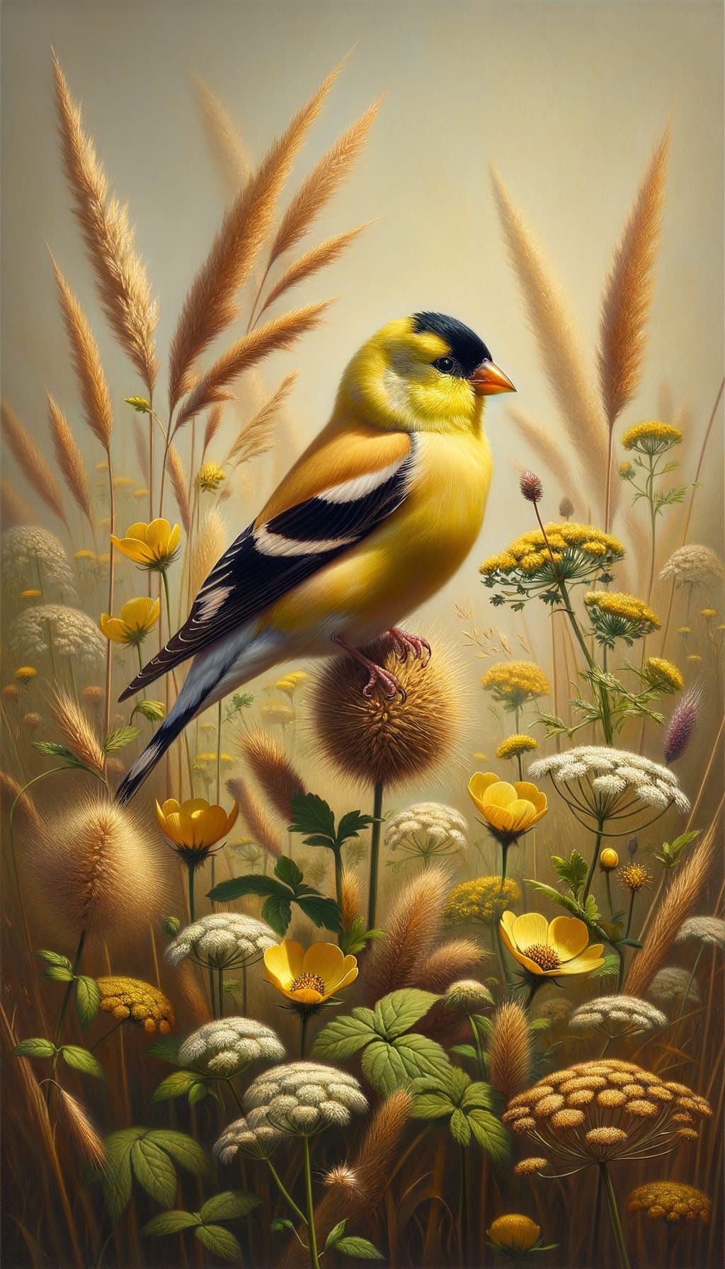 Male Goldfinch in Spring Meadow Oil Painting