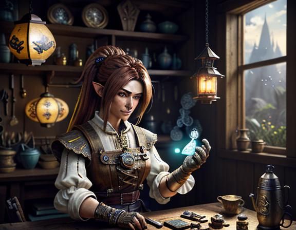 Gnome Repairs Automaton: Epic Fantasy 3D Illustration