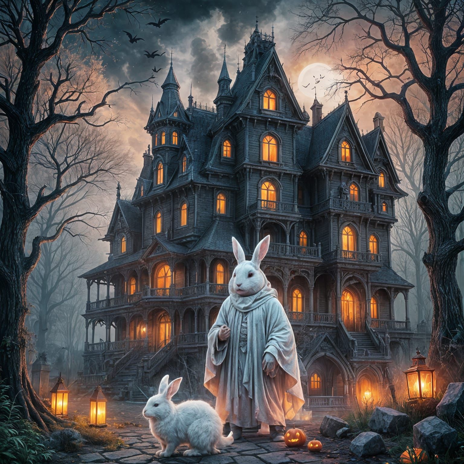 Ghost, Rabbit and Haunted House: Halloween Art