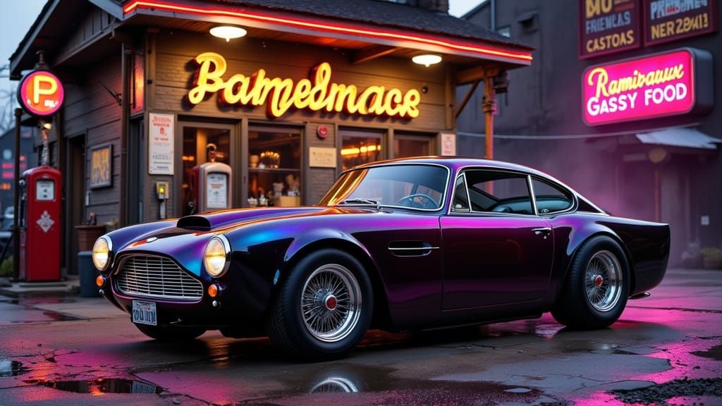 Surrealistic Art Nouveau Aston Martin in a Retro Gas Station