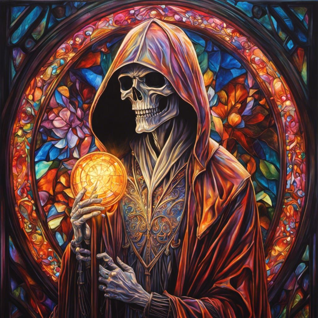 Detailed Iridescent Grim Reaper in Stained Glass
