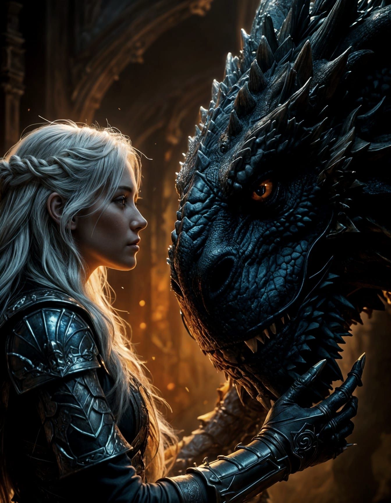 Gentle Warrior and Majestic Dragon in Dark Fantasy