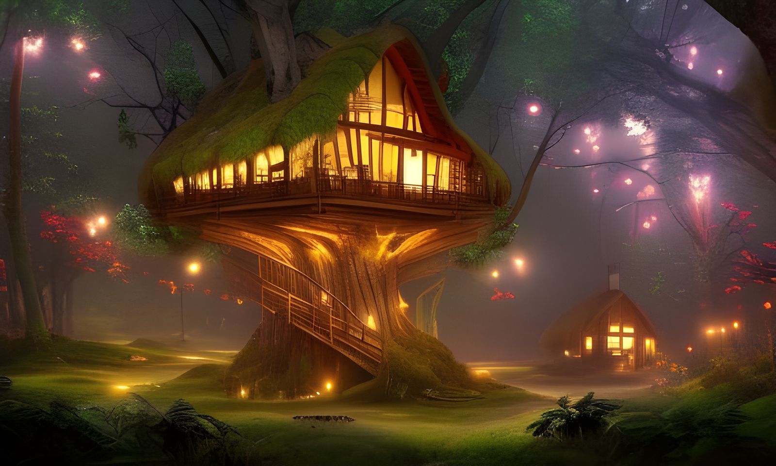 Treehouse Village in Mossy Forest at Night