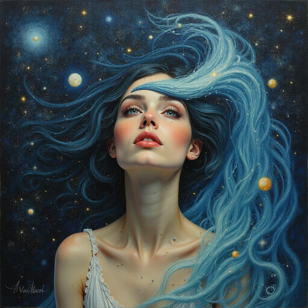 Surreal Woman's Waterfall Hair Flows into Starry Night Sky