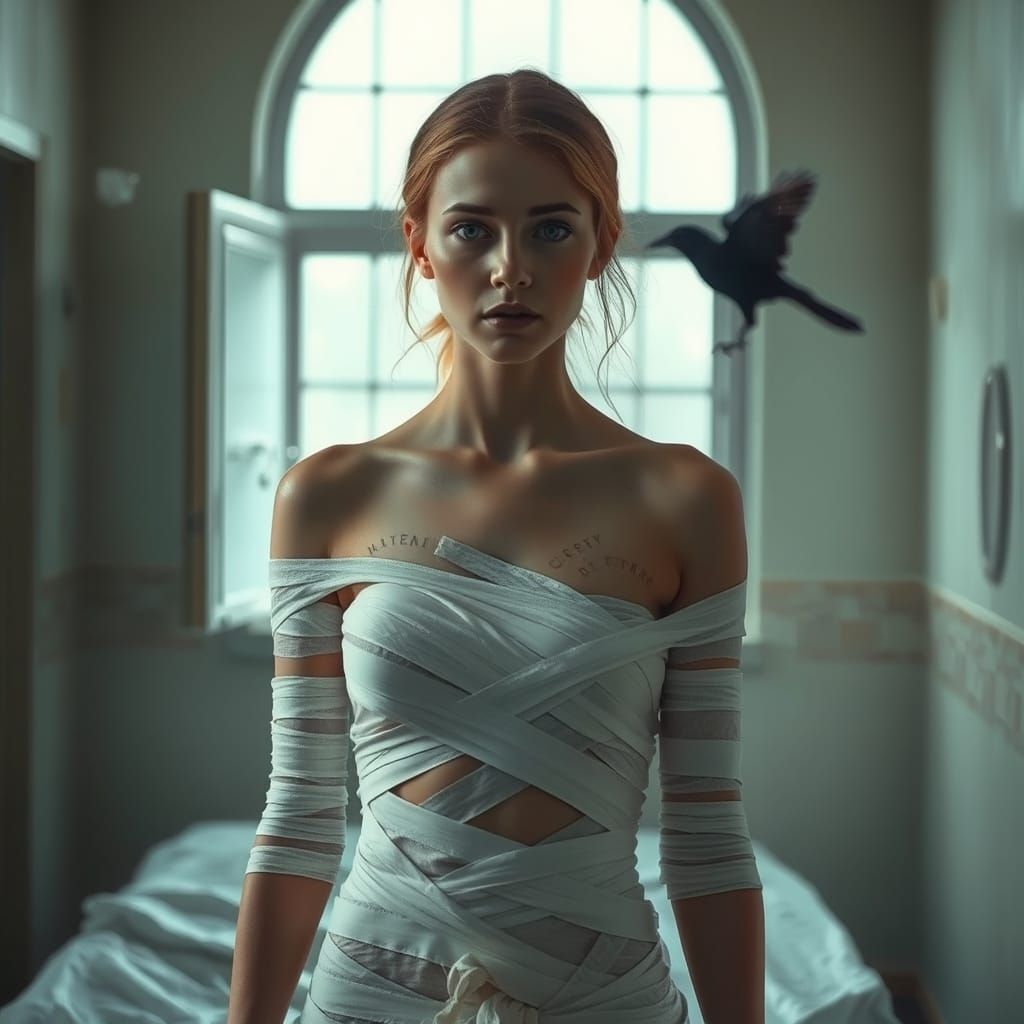 Girl in Abandoned Hospital with Gauze Bandages and a Black C...