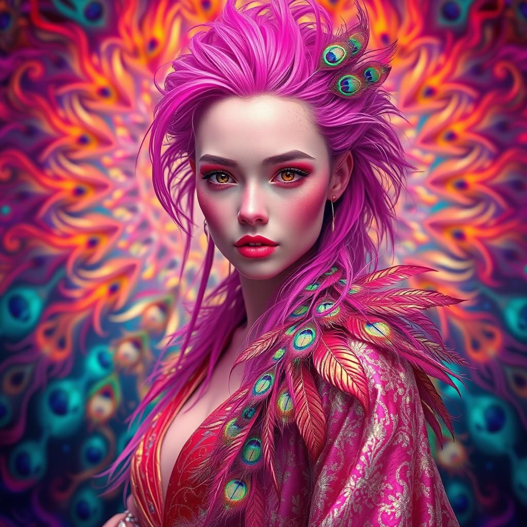 Vibrant Woman with Peacock Feathers, Matte Painting