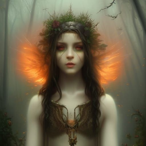 Ethereal Gothic Aries Young lady with Long black hair with Red highlights& Green eyes& Red &black eyeshadow & Black lips...