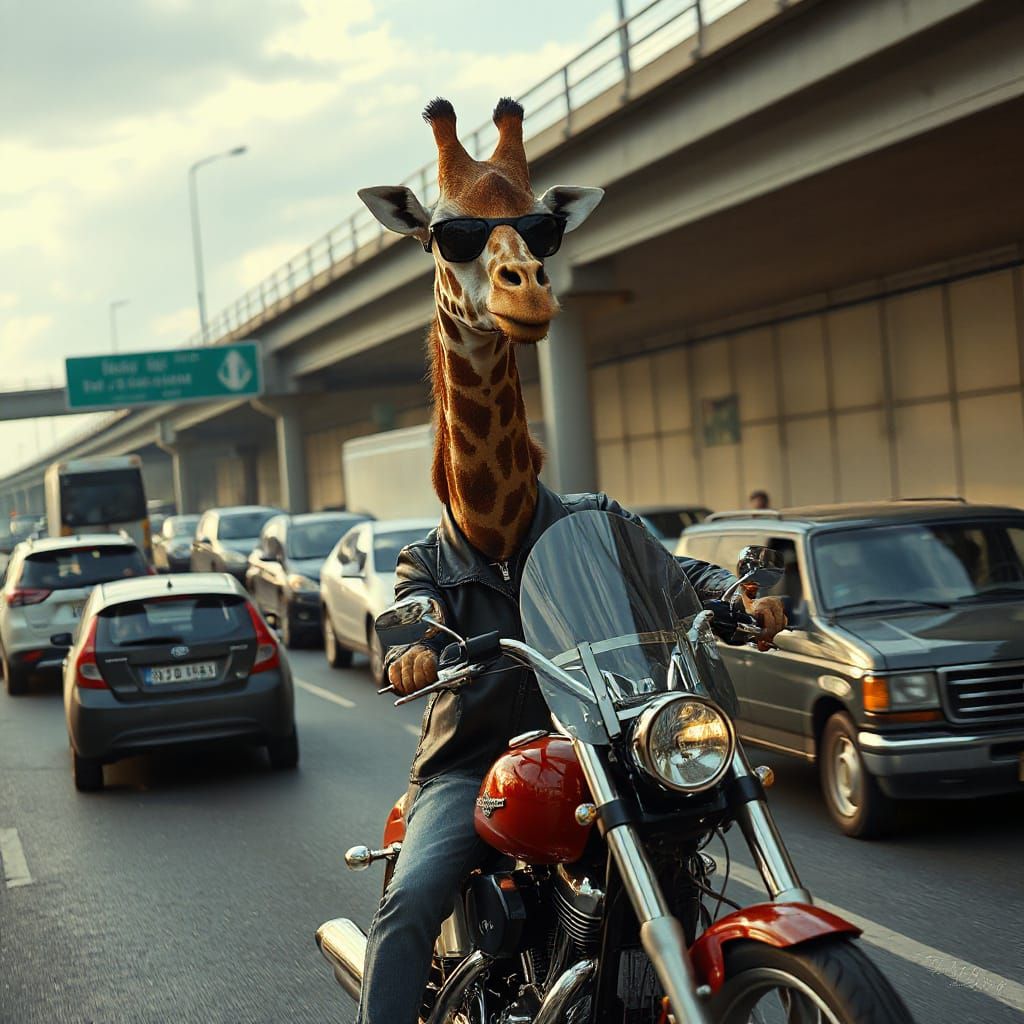 Giraffe Rides Harley on Busy Motorway in Cinematic Style