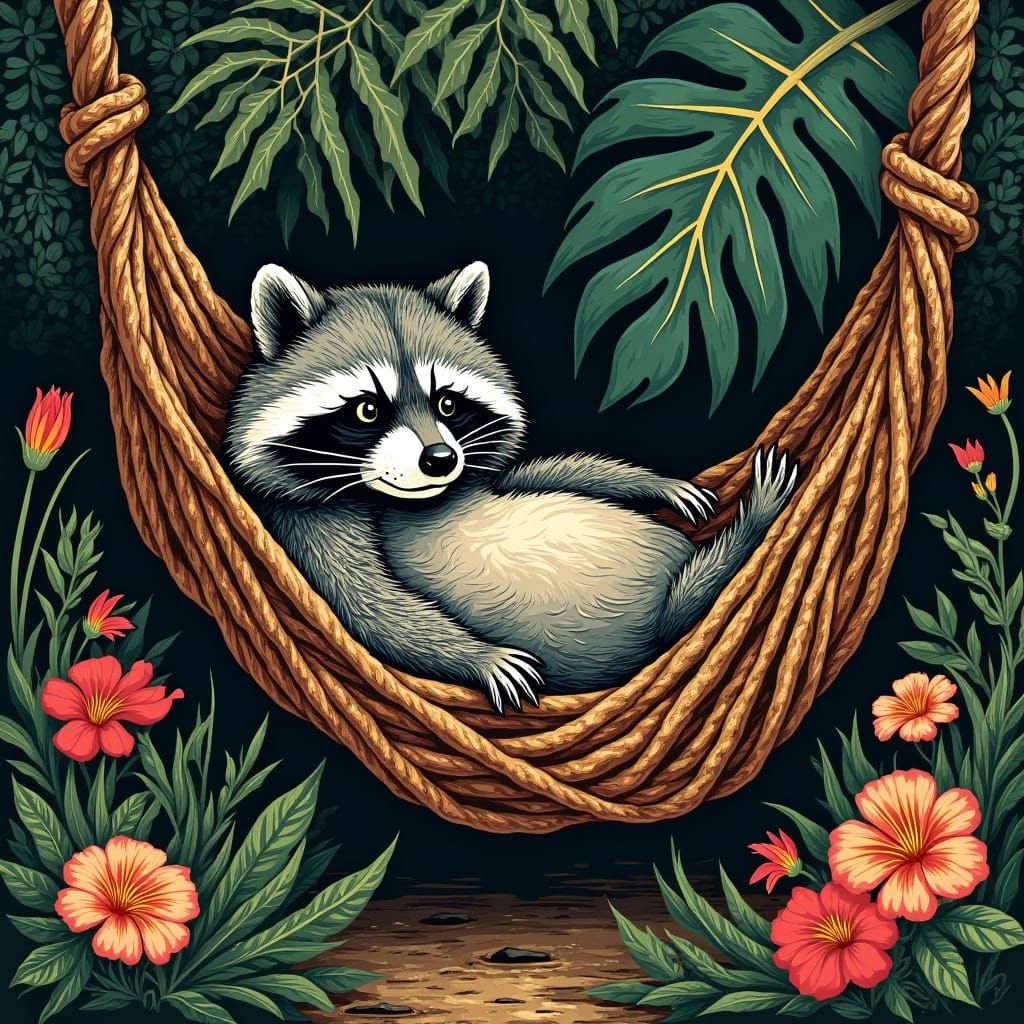 Primitive Woodcut of a Fat Raccoon in a Hammock