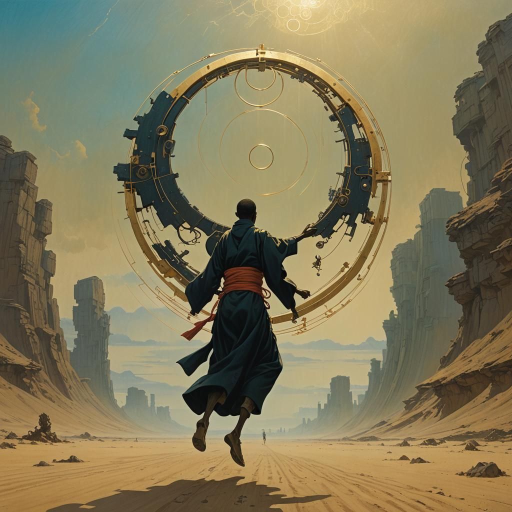 Cyberpunk Man with Mechanical Spine in Desert