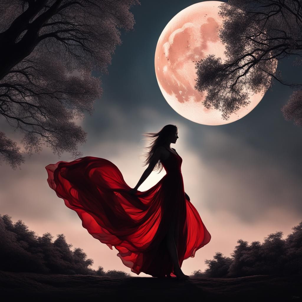 Silhouette of Woman with Flowing Dress and Moon