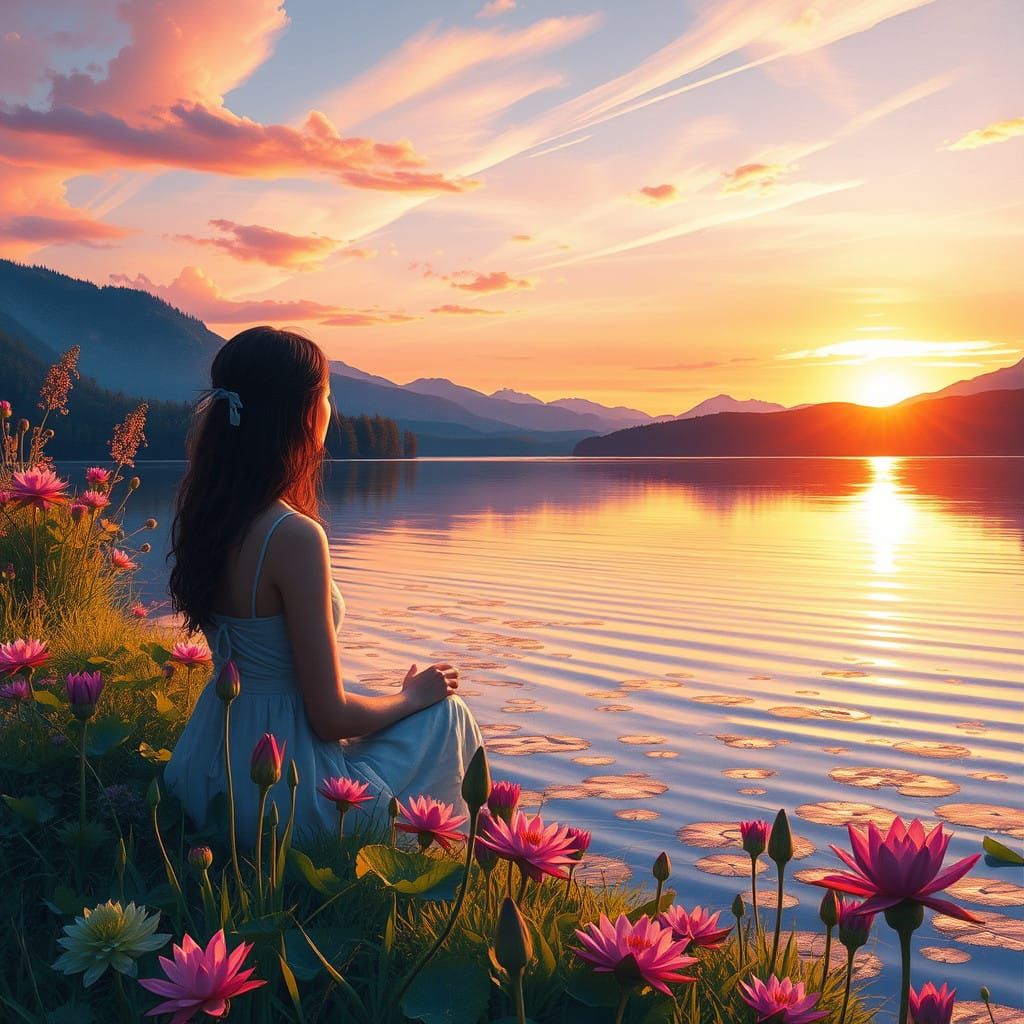 Serenely Reflected Sunset Landscape in Watercolor Style