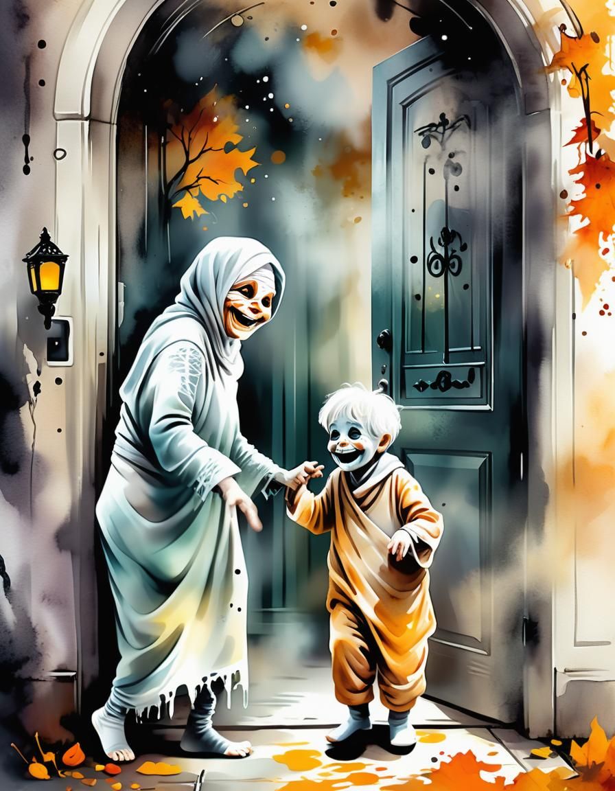 Whimsical Mummy Boy Trick-or-Treat in Watercolor