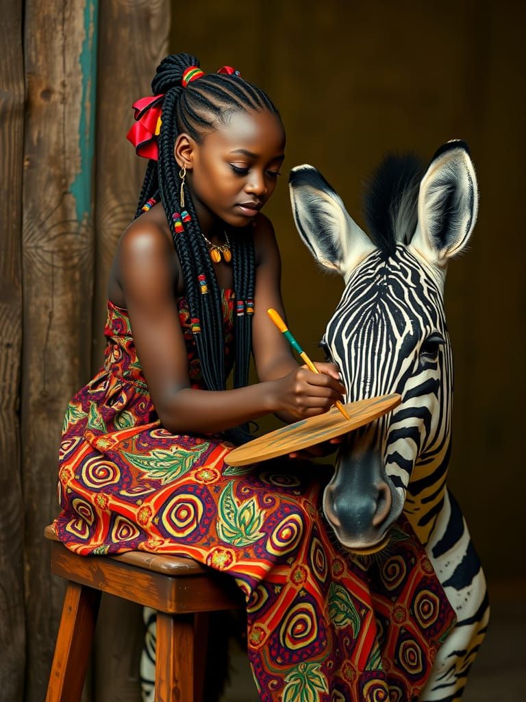 African Girl Painting Zebra in Art Nouveau Style
