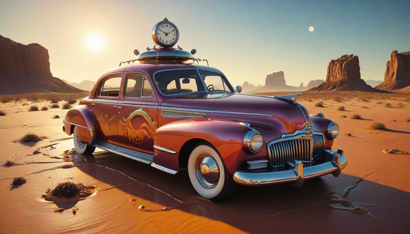 A giant melting clock on top of a classic 1941 Oldsmobile pa...